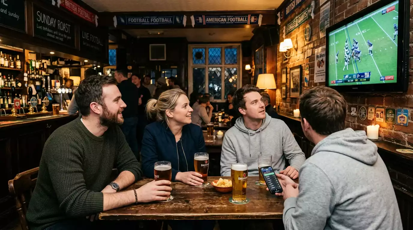 NFL fans watching an American football game in a British pub