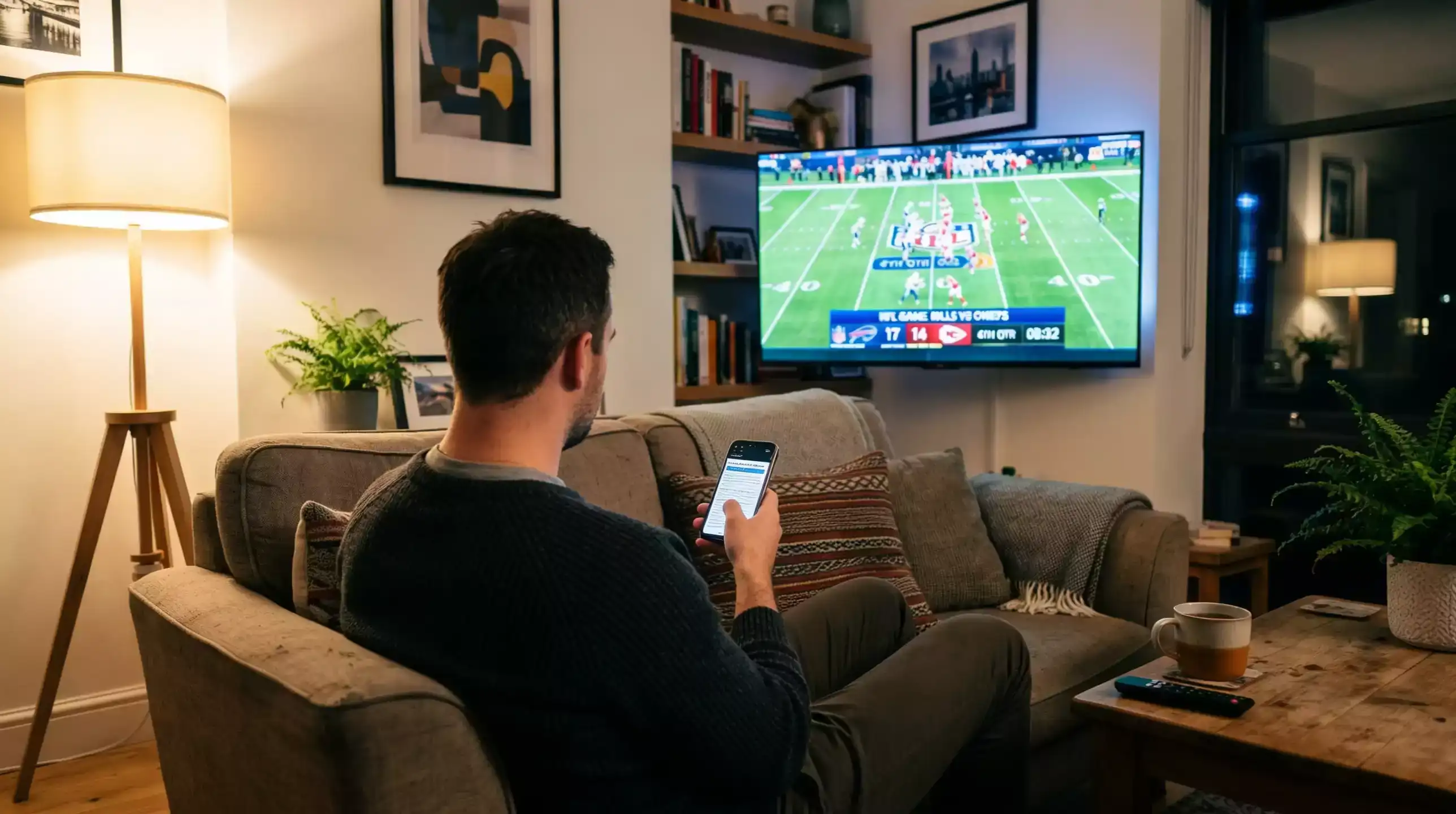 Person placing a live NFL bet on a mobile phone while watching a game on television in the evening