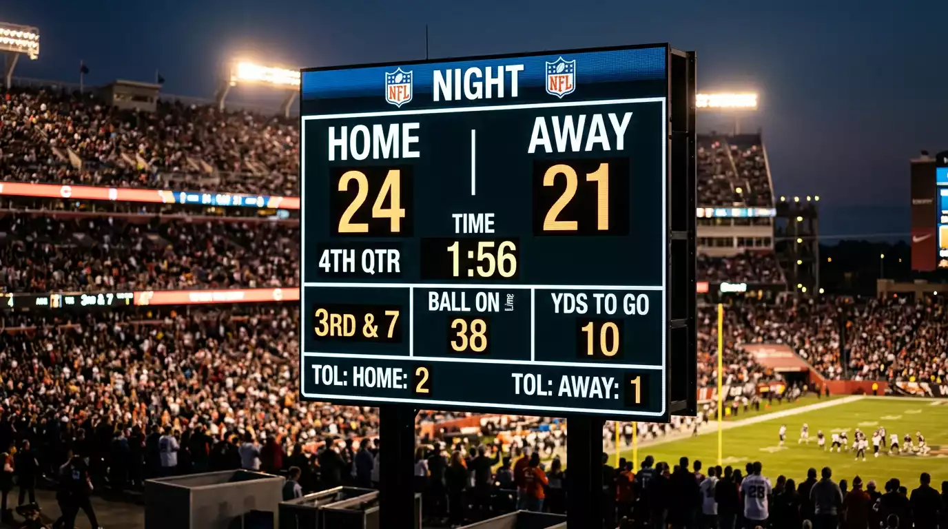 NFL stadium scoreboard displaying a close game decided by key spread numbers